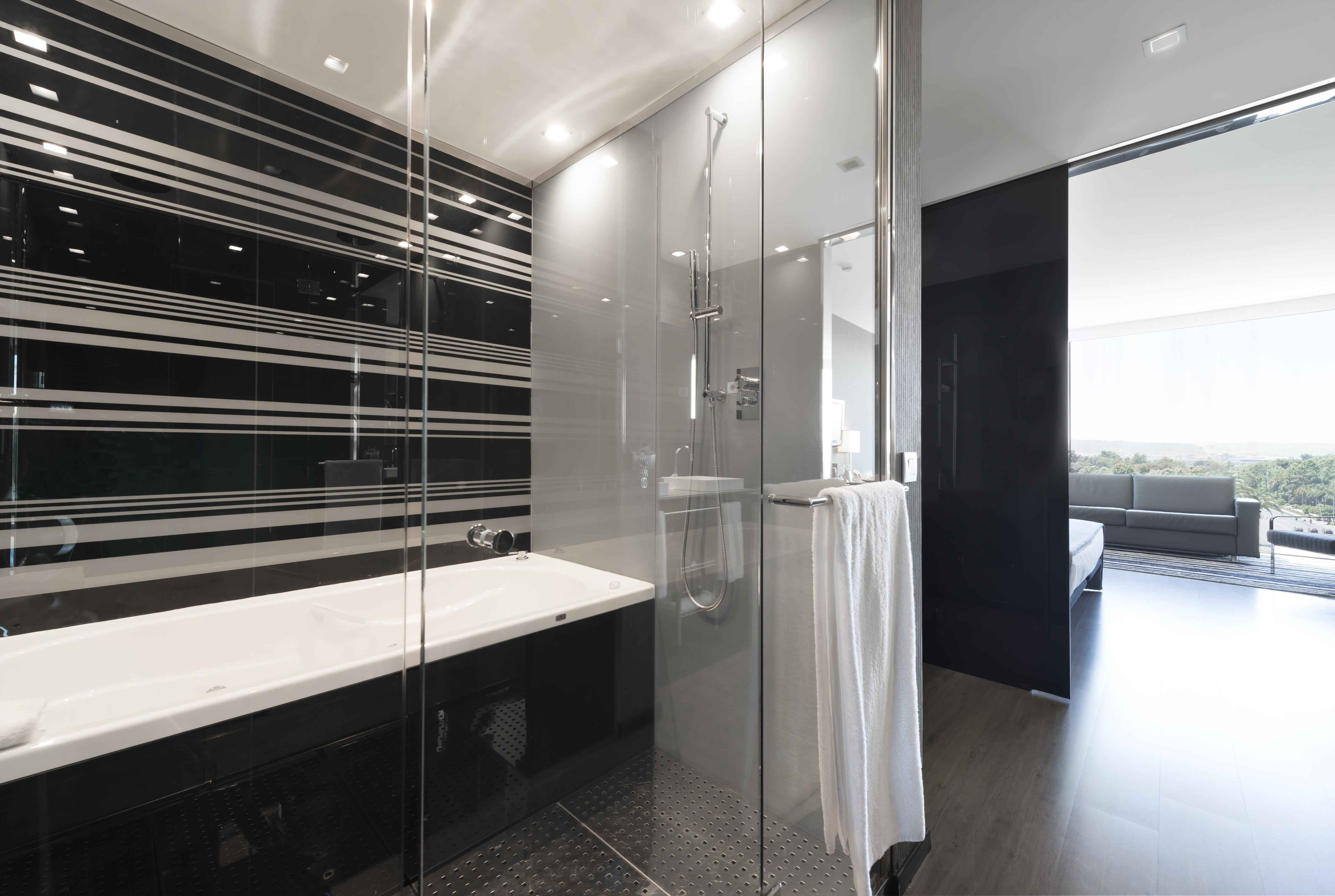 Eurostars Palace Κόρδοβα Εξωτερικό φωτογραφία The photo shows a modern bathroom featuring a sleek design. On one side, there is a glass-enclosed shower with contemporary fixtures. Adjacent to it, there's a stylish bathtub with a clean, white surface. The walls are decorated with a striking patte